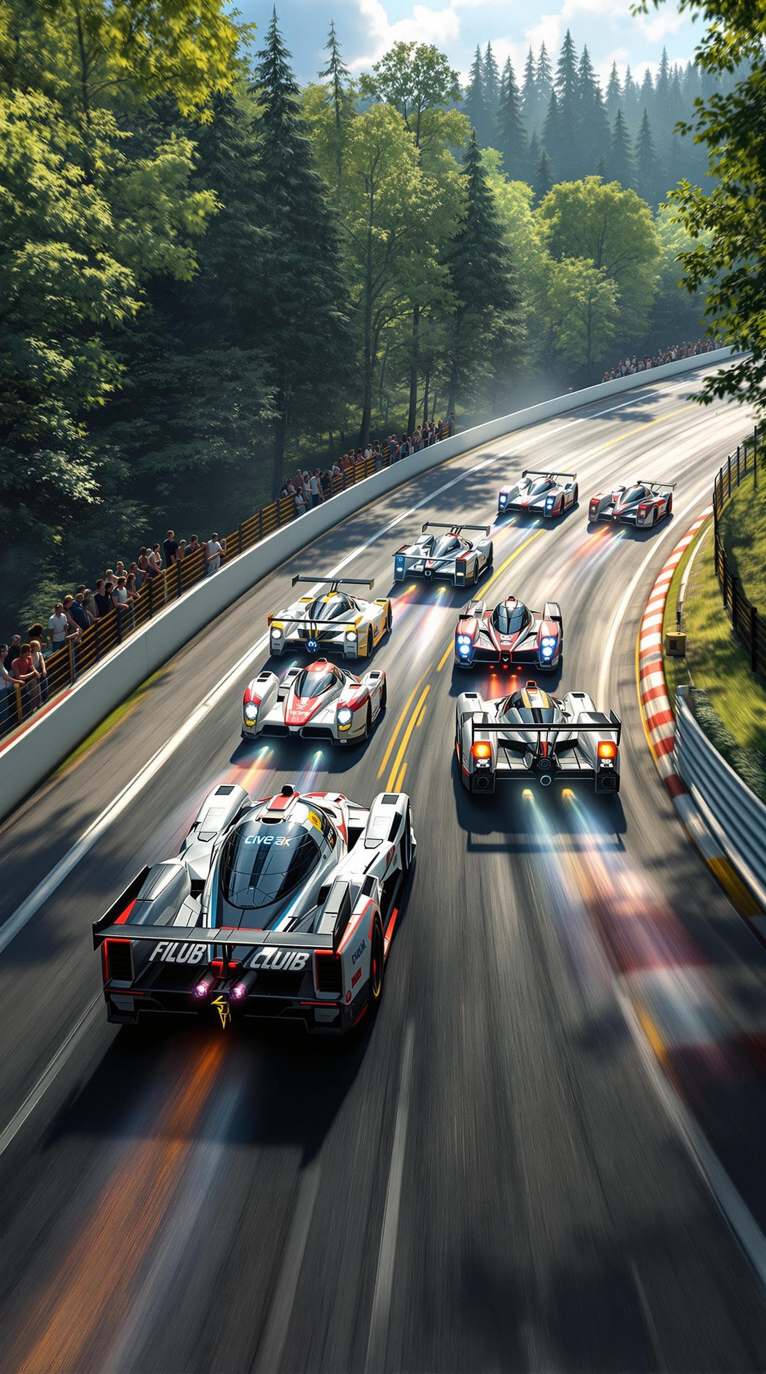 AI generated: Summer. Six racing cars with logos of different clubs are racing along the track, overtaking their r...