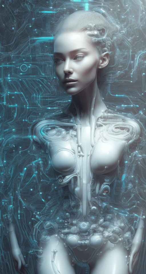 AI generated: artistic rendering of a woman seamlessly integrated with futuristic technology. The image should con...