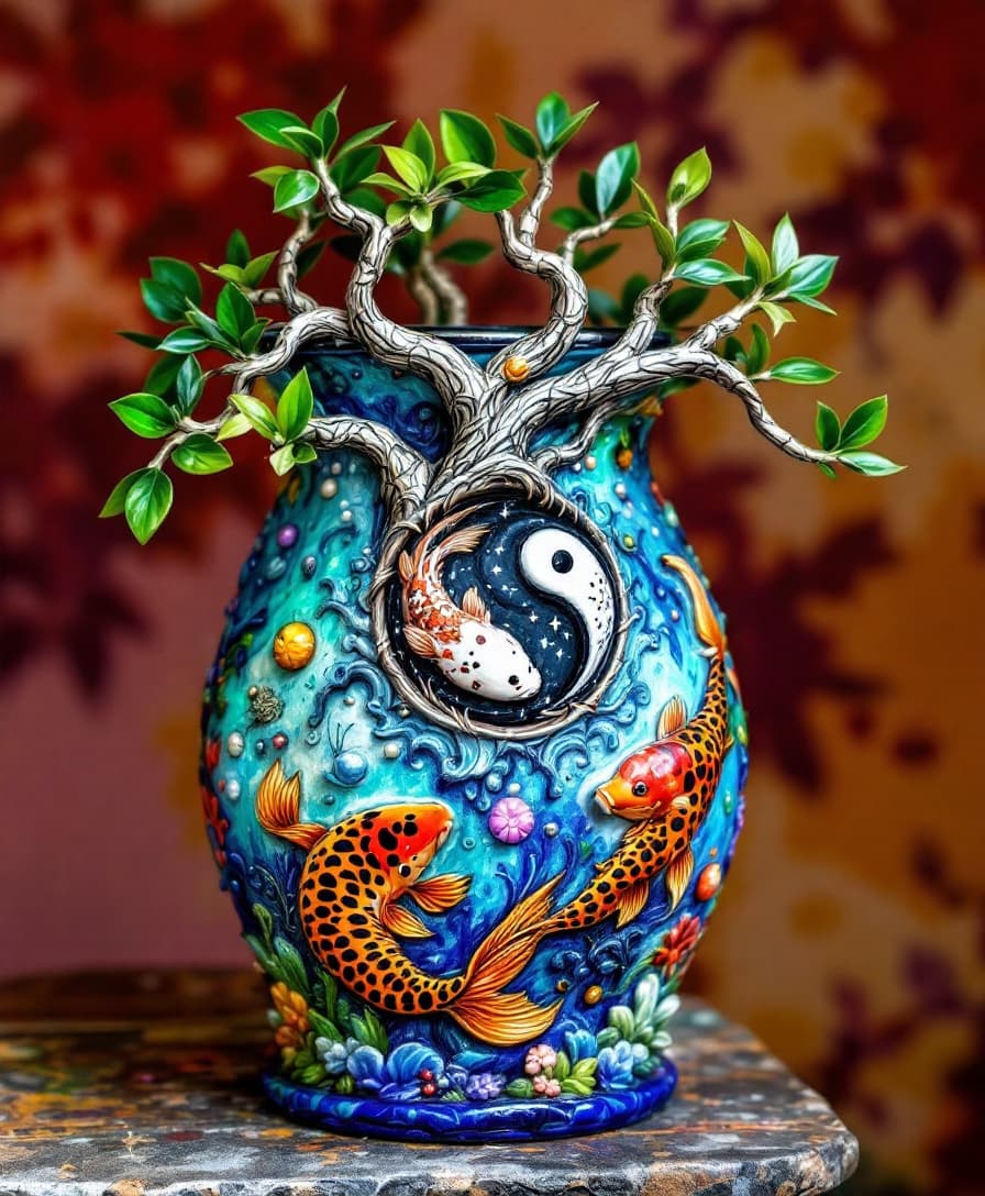 AI generated: 3D HDR Ceramic pottery planter box featuring on the side as a relief a magical whimsical fey tree wi...