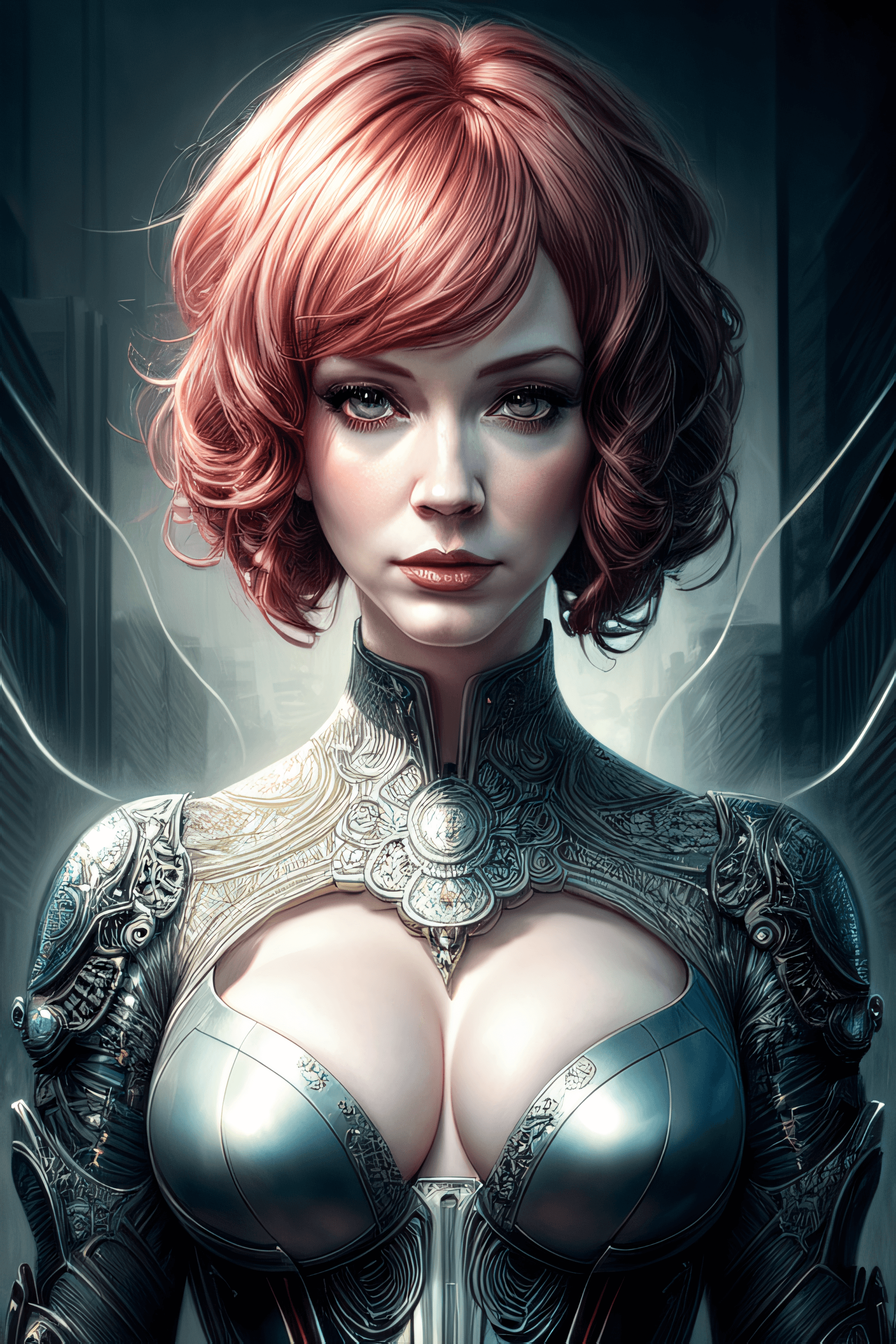 AI generated: portrait shot of christina hendricks in ghost in the shell, intricate, elegant, highly detailed, cen...
