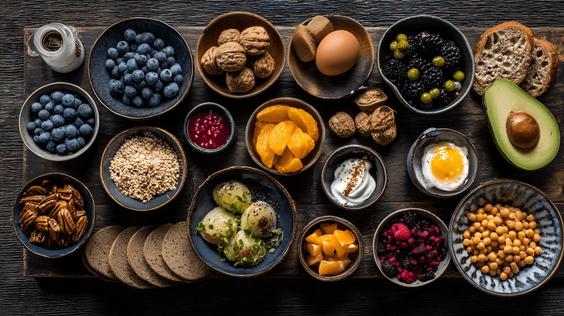 AI generated: High angle, overhead view of various healthy foods arranged on dark wooden surface.  Fresh blueberri...