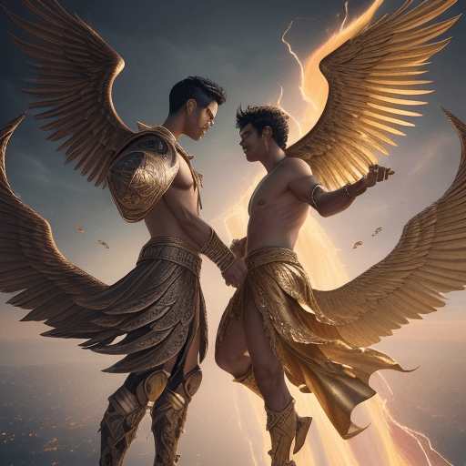 AI generated: lucifer miguel and rafael **two flying angels from god of the sky fighting one another, in the style...