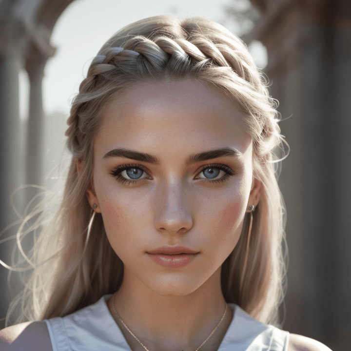AI generated: 8k pinup, a 25 year old beautiful white blonde girl with bright grey eyes in front of a roman struct...