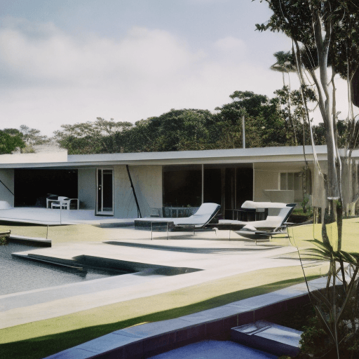 AI generated: Hyper realistic eye level exterior photo of a mid century modern style house overlooking the ocean, ...