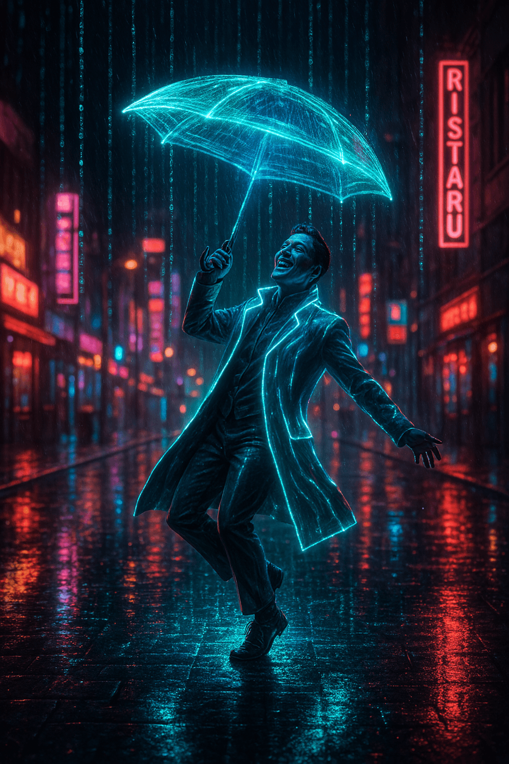 AI generated: A futuristic scene inspired by "Singin’ in the Rain" but set in a cyberpunk world. A man wearing a s...
