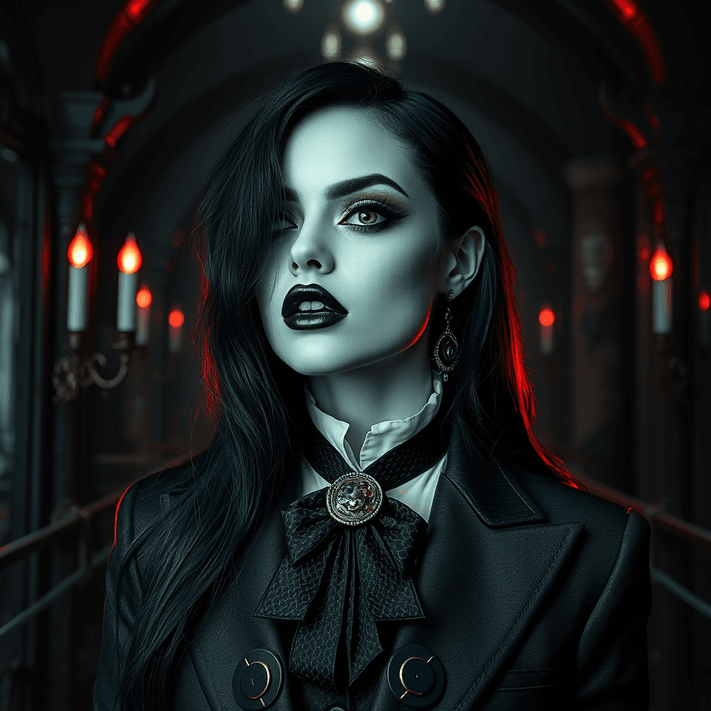 AI generated: black an white focus calm and gothic mood; even, dark lighting focusing on gucci style suit and goth...