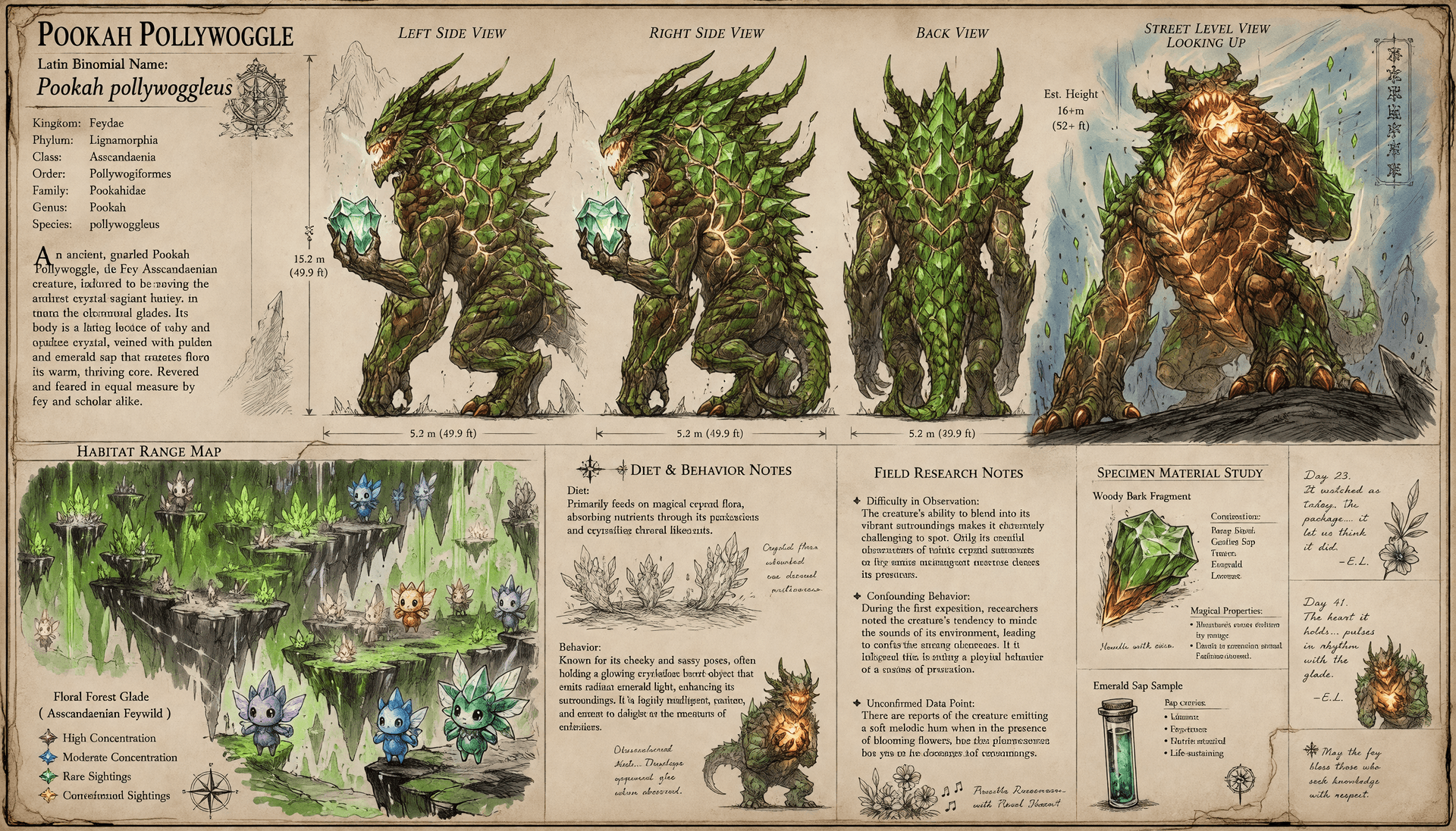 AI generated: A scientific record featuring a large, ancient gnarled Pookah Pollywoggle creature, illustrated in p...