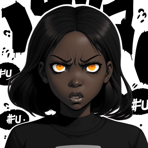 AI generated: black girl in her 20s, black eyes, angry face "VUKANI!" manga text behind her and silhouettes of whi...