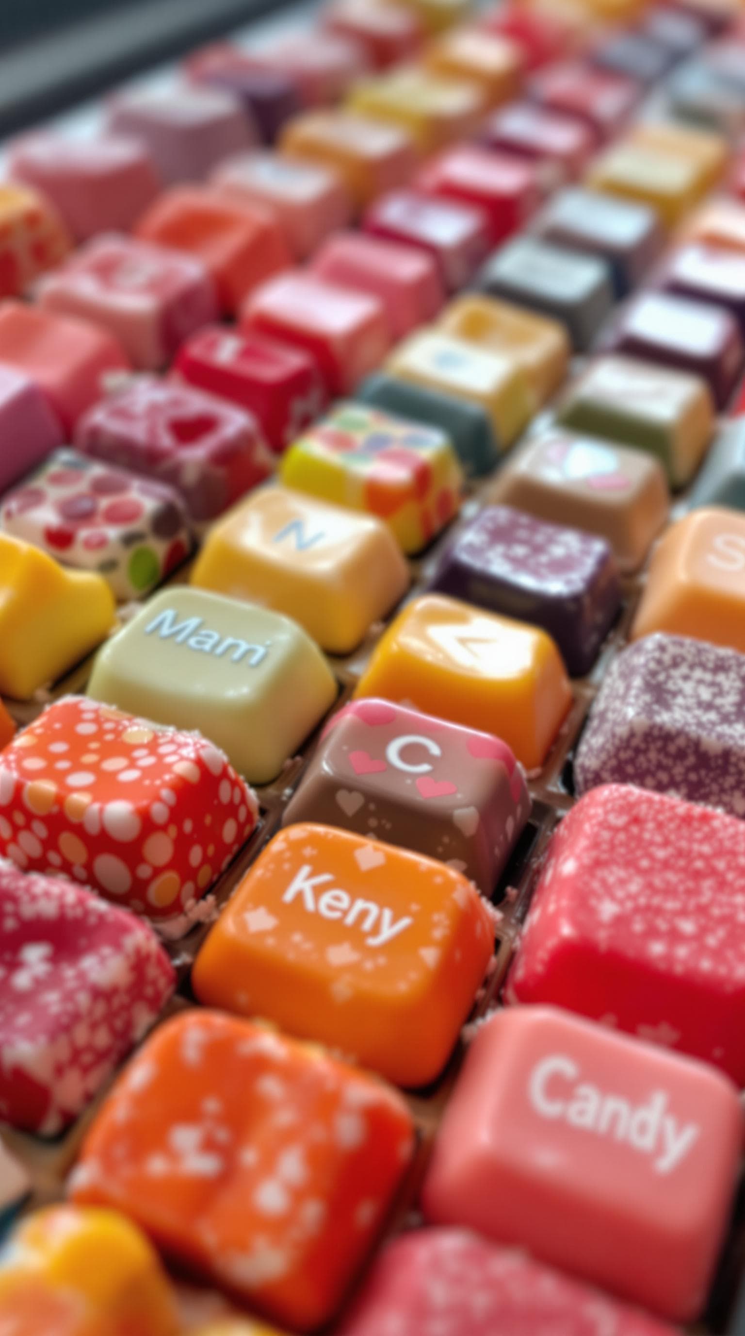 AI generated: A keyboard whose keys are made of different types of candy. Typing makes sweet, crunchy sounds. Audi...