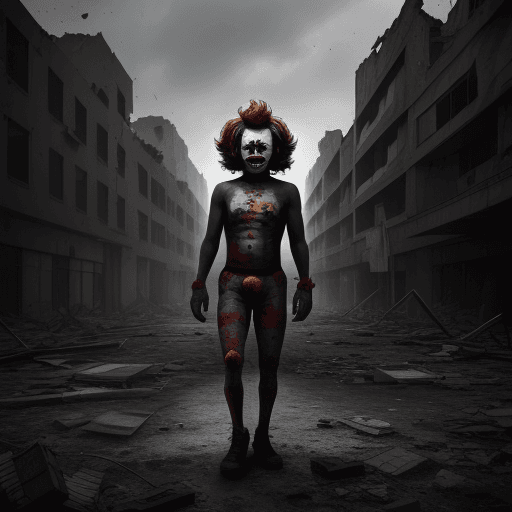 AI generated: dark clown in a destroyed and deserted city