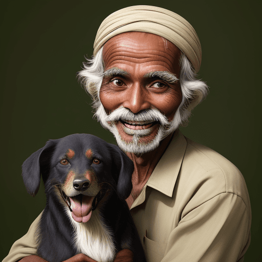 AI generated: masterpiece, solo focus award winning portrait of happy slim old malayali farmer man and a dog

