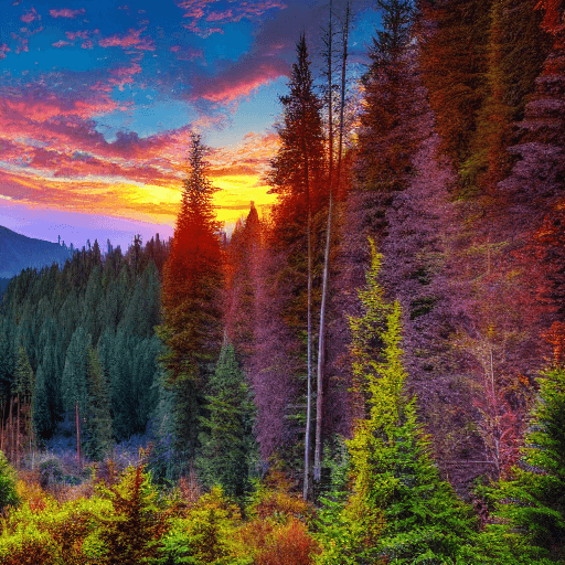 AI generated: Photo realistic 4k photo of a mountain and forest scenery. The time of day is Twilight. The sky has ...