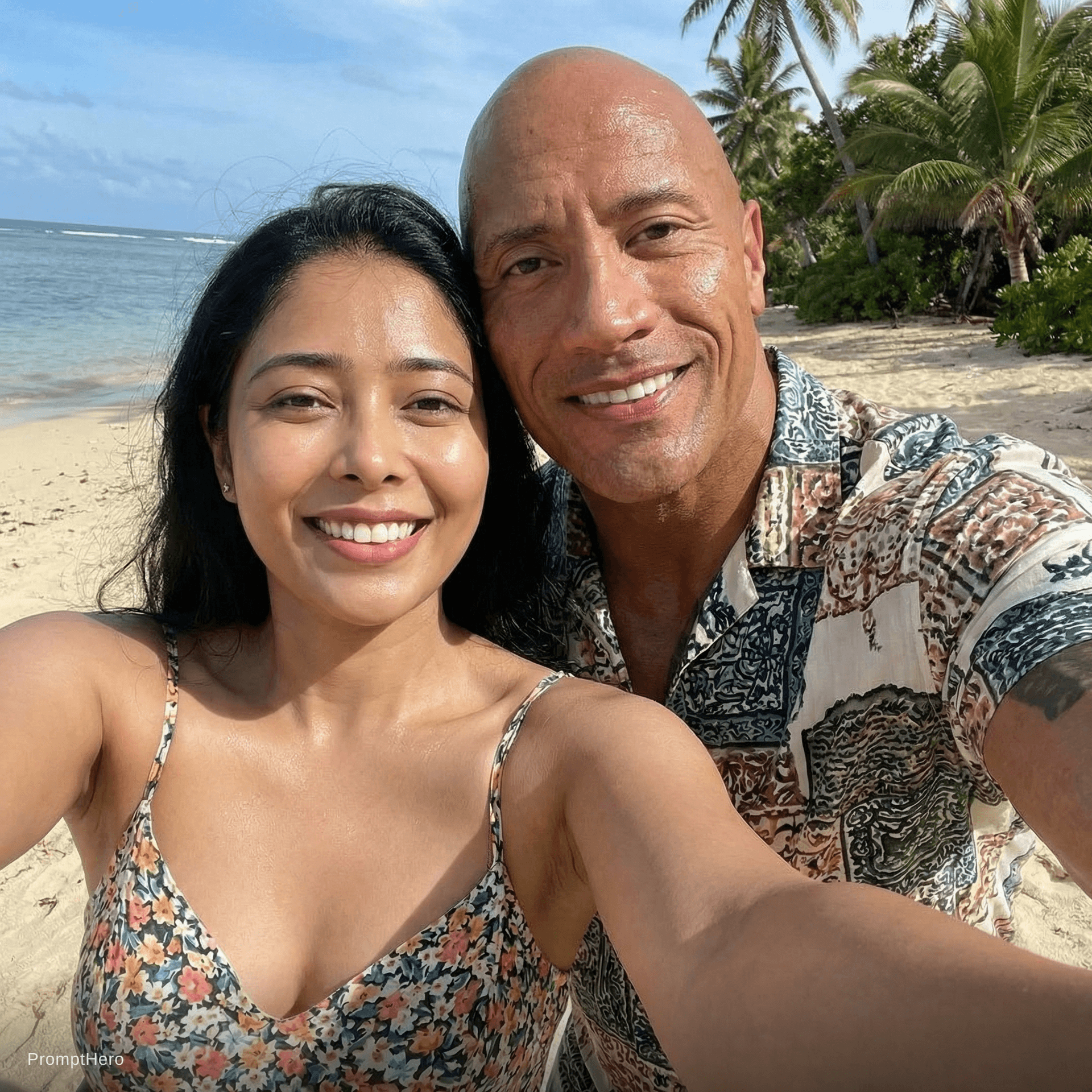AI generated: with Dwayne Johnson at a tropical beach, sunny day, both smiling