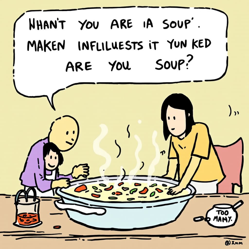 AI generated: A funny comic, without text, about the process of making soup. The image should represent an unorgan...