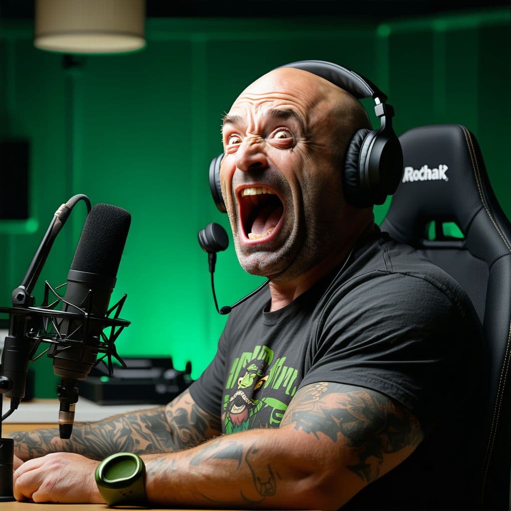 AI generated: Joe Rogan catches a leprechaun breaking onto his set during a podcast and chases after it in a panic...