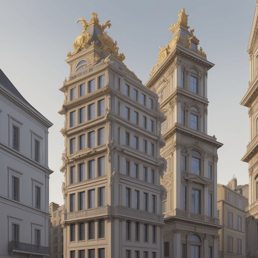 AI generated: Draw with a pencil a modern skyscraper and an old baroque family house. The skyscraper is on the lef...