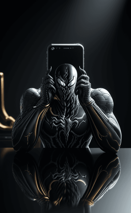 AI generated: handphone on the table with the design and character of venom The handphone is gold and black dark, ...