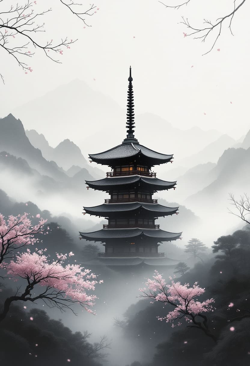AI generated: Traditional Japanese pagoda in a foggy, ink wash-inspired landscape. Use a muted monochrome palette ...