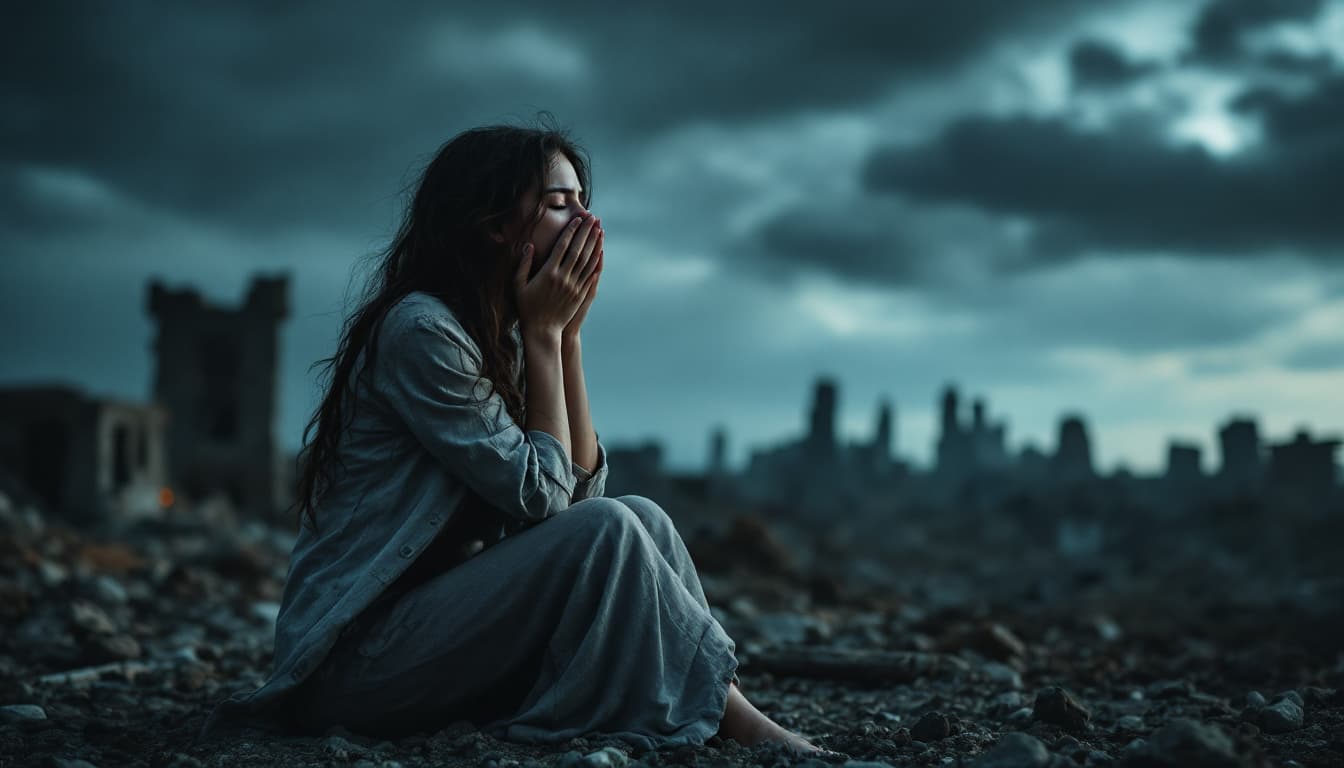 AI generated: WOMAN IN A STATE OF GRIEF SITTING ON THE GROUND WITH HER EYES CLOSED, AGAINST A DESTROYED CITY, DARK...
