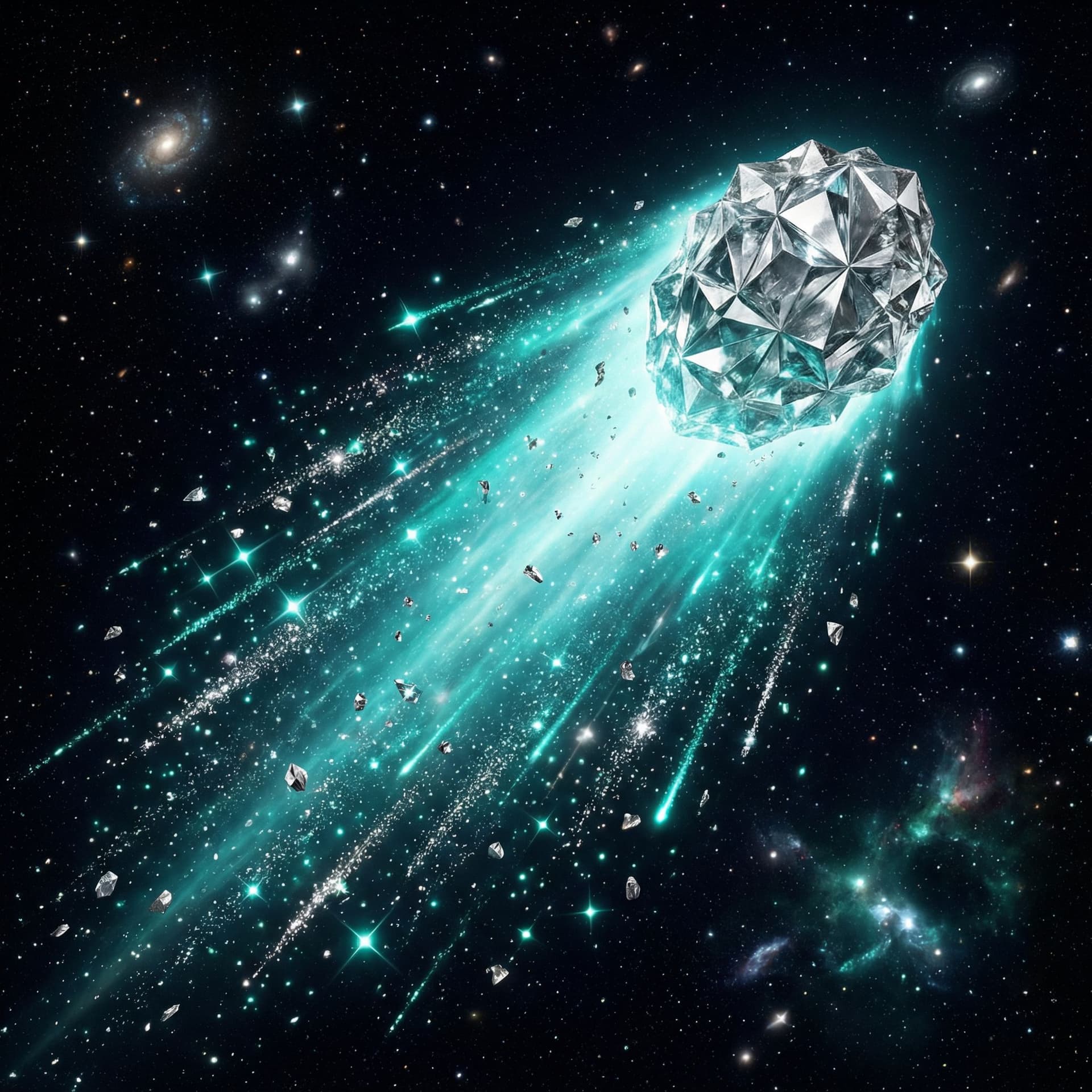 AI generated: a comet made up of Platinum with a long Teal tail with teal and silver sparkles sprinkling off of it...