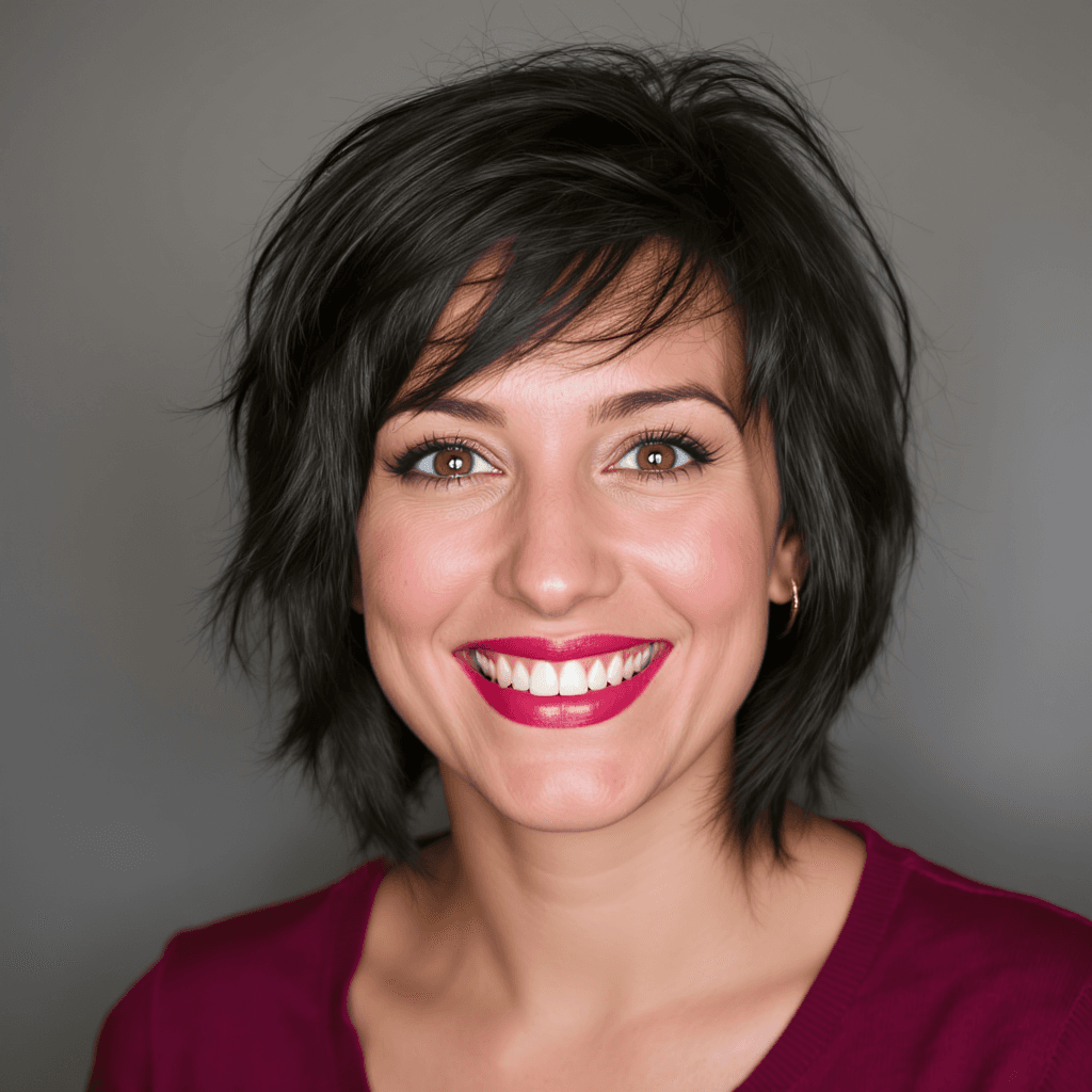 AI generated: A woman with messy, dark brown
make her hazel eyes sparking with warmth and friendliness
her gorge...