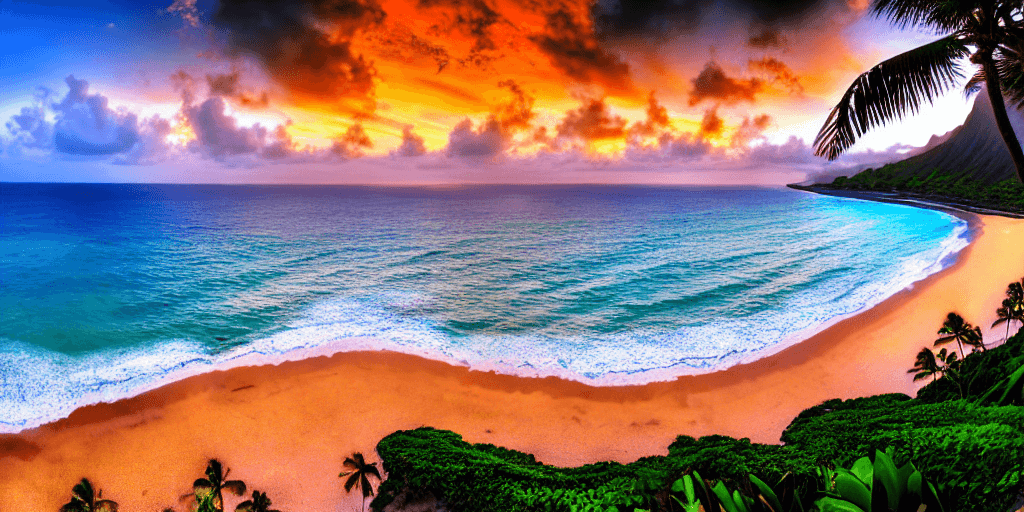 AI generated: Tropical island beach at sunset, landscape view, crashing waves, palm trees, steep mountains, Hawaii...