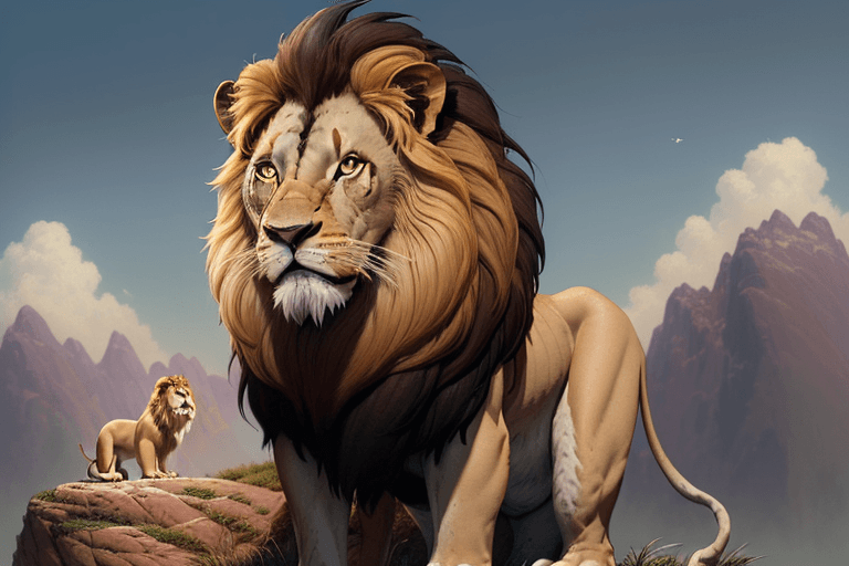 AI generated: "A close-up of the lion father from the movie The Lion King, standing on a mountain top, gazing into...