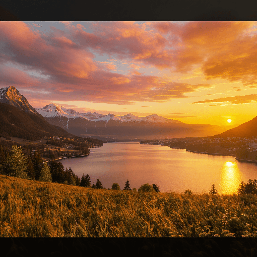 AI generated: Ultrawide, « lake of Annecy » with golden ratio style, 4K , foreground is prairie, light is Golden h...