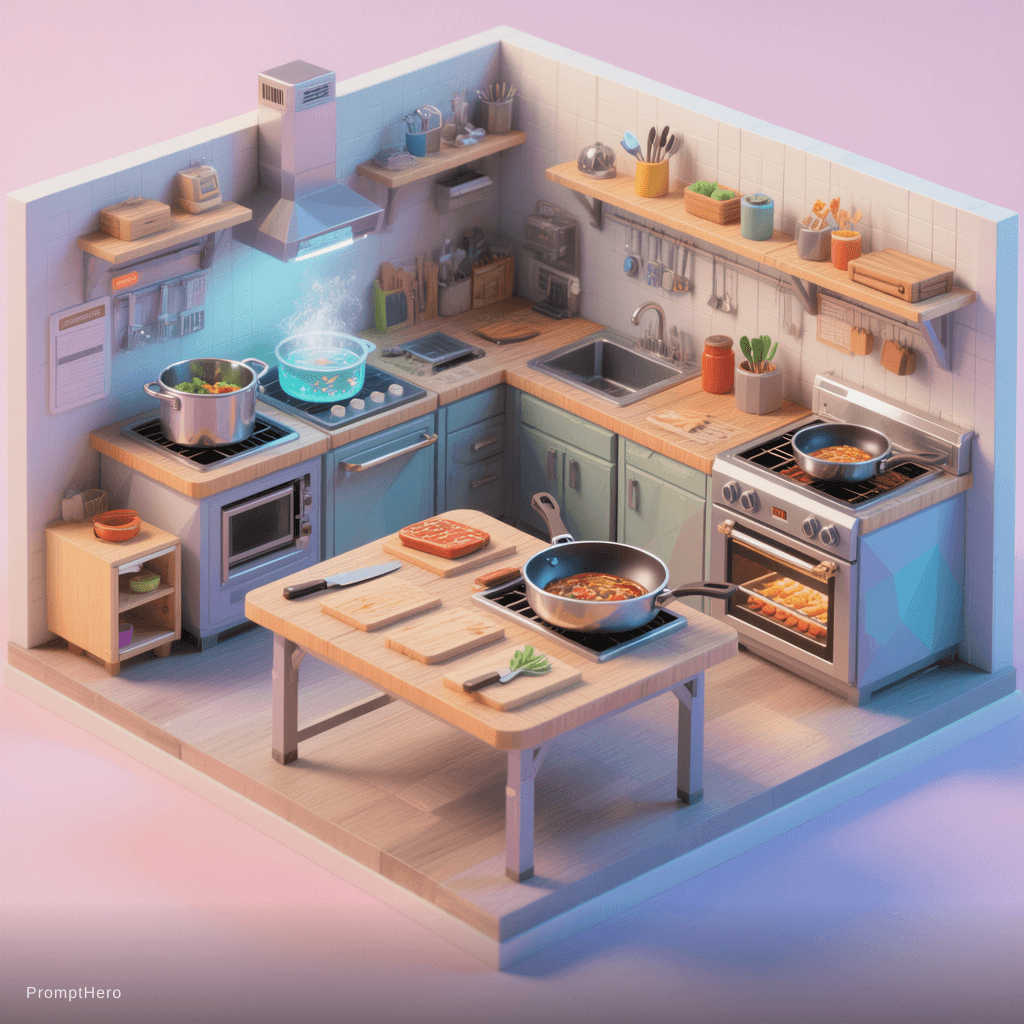 AI generated: A low-poly 3D isometric view of a modern interactive kitchen designed for a VR cooking simulator. Se...