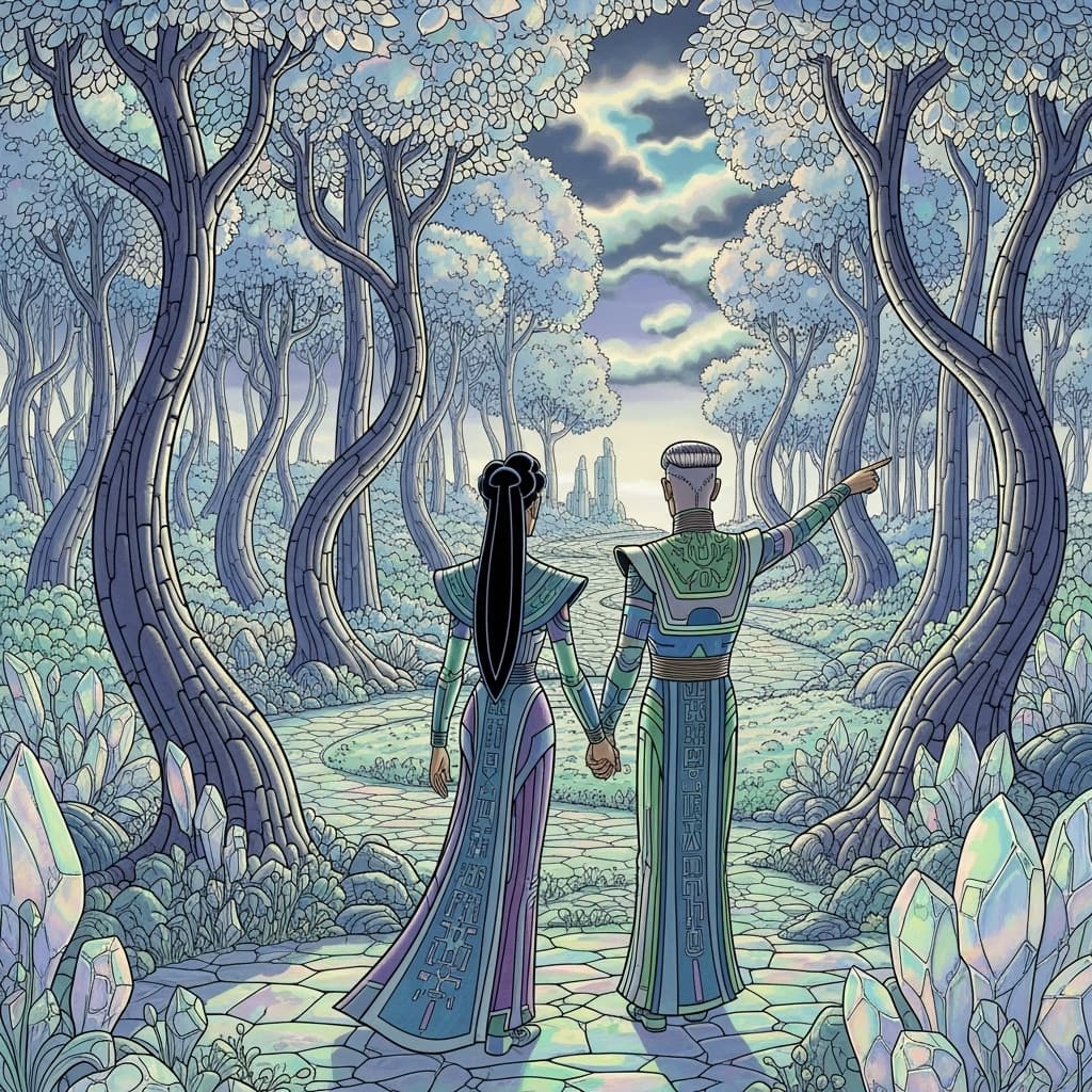AI generated: The moebius art style unveils a mesmerizing scifi couple  in the mesmerizing beauty of the opalescen...