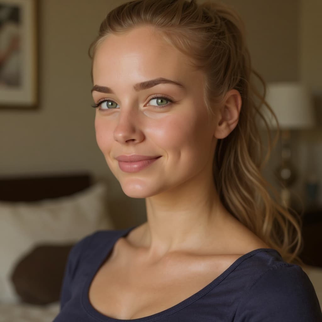 AI generated: fantasy art, woman , young, messy ponytail dark blonde hair, grey  eyes, sitting on sofa, small brea...