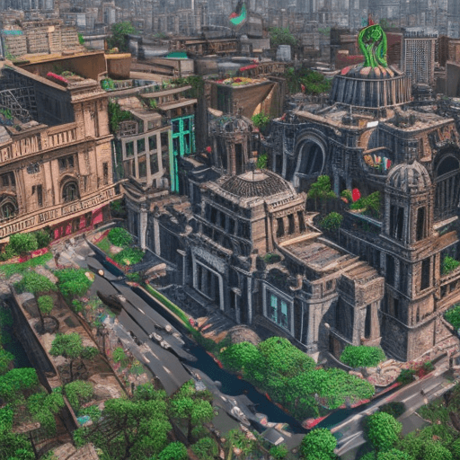 AI generated: Mexico City, buildings full of nature and zombies in the streets, ultra-cartoon style, 4k