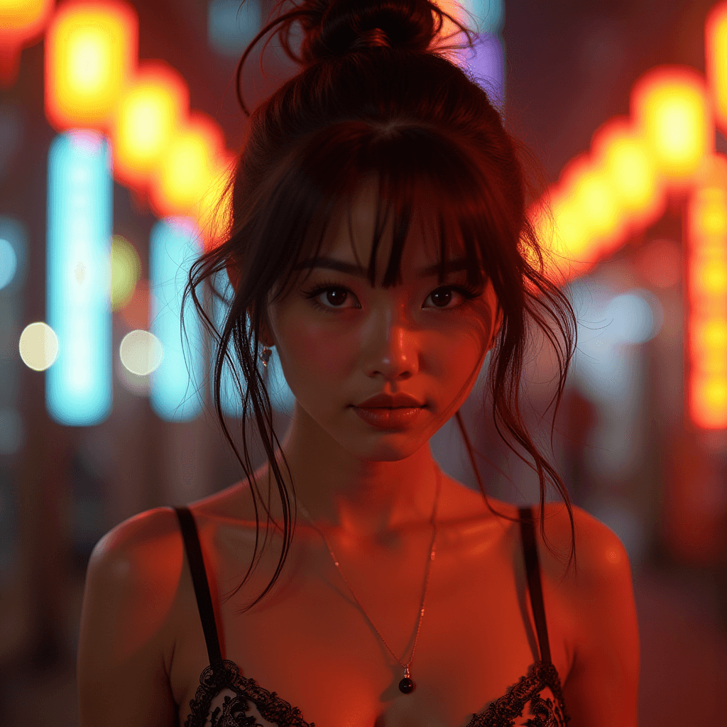 AI generated: a girl in a bule top in a neon city, in the style of chinapunk, iconic album covers, soft-focus port...