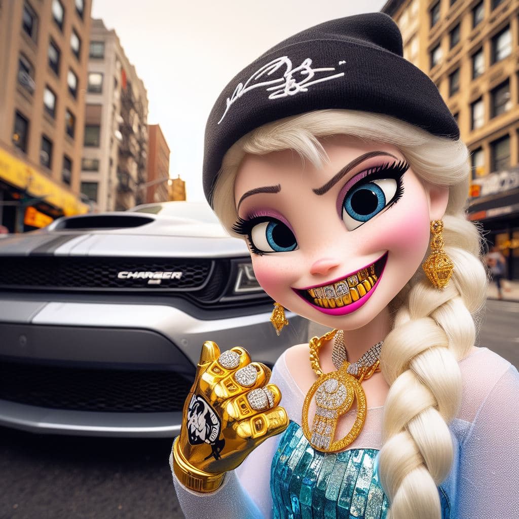AI generated: Elsa from Disney but wearing hip hop fashion and a gold diamond pendant necklace, smiling with a dia...