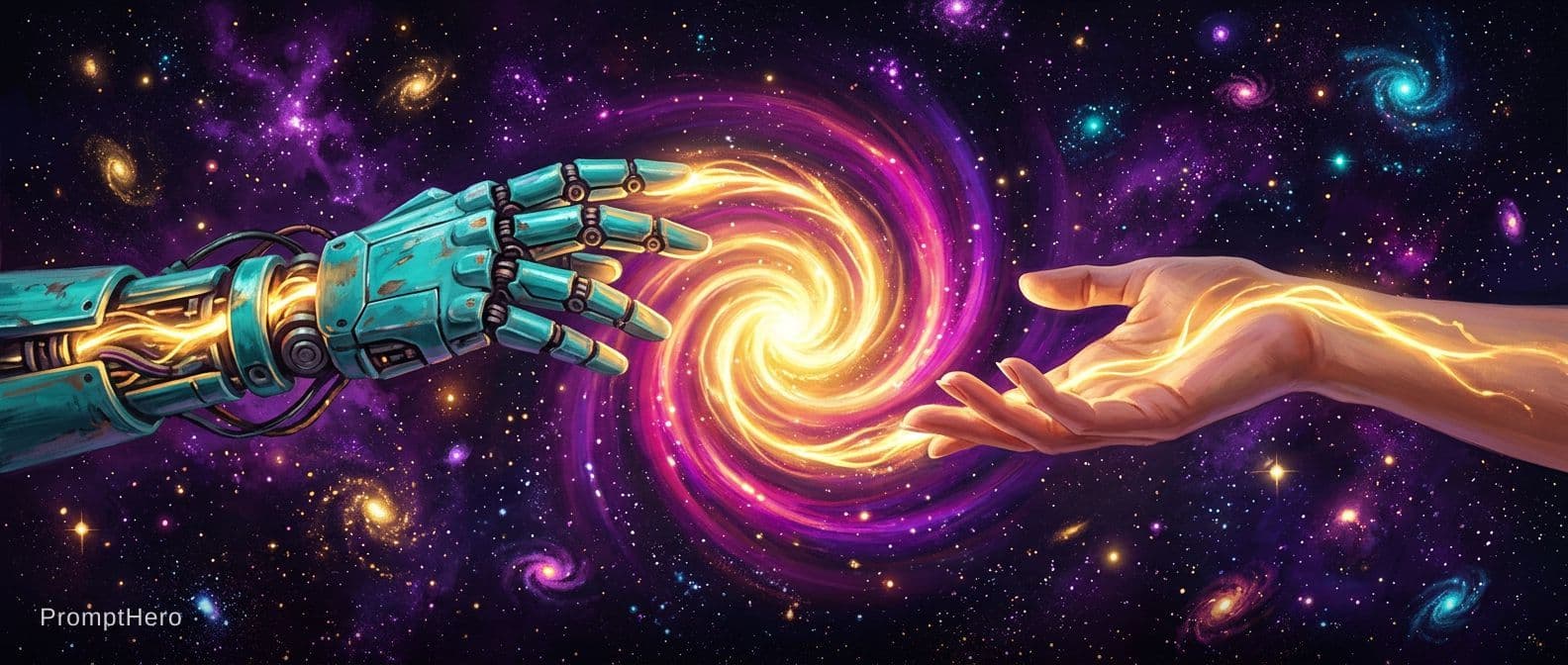 AI generated: 2 Hands. Hand 1: Robot hand, colour turquois metal, relaxed open, palm downward. Hand 2: Human, fema...
