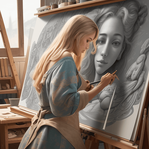 AI generated: A full wide view of a beautiful woman creating murals on a drawing board, beautiful murals, full vie...