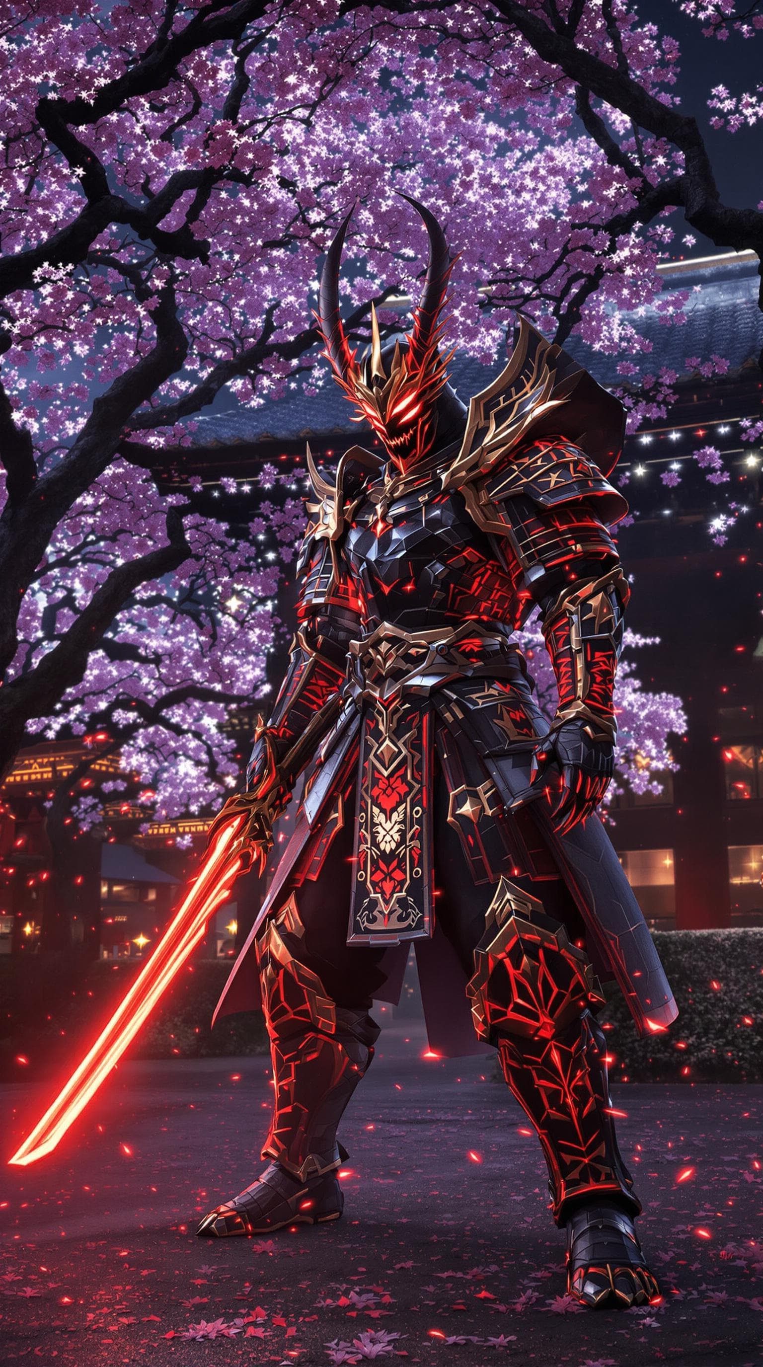 AI generated: A dark demon warrior wearing a gold and red japanese samurai armor holding a giant red glowing Katan...