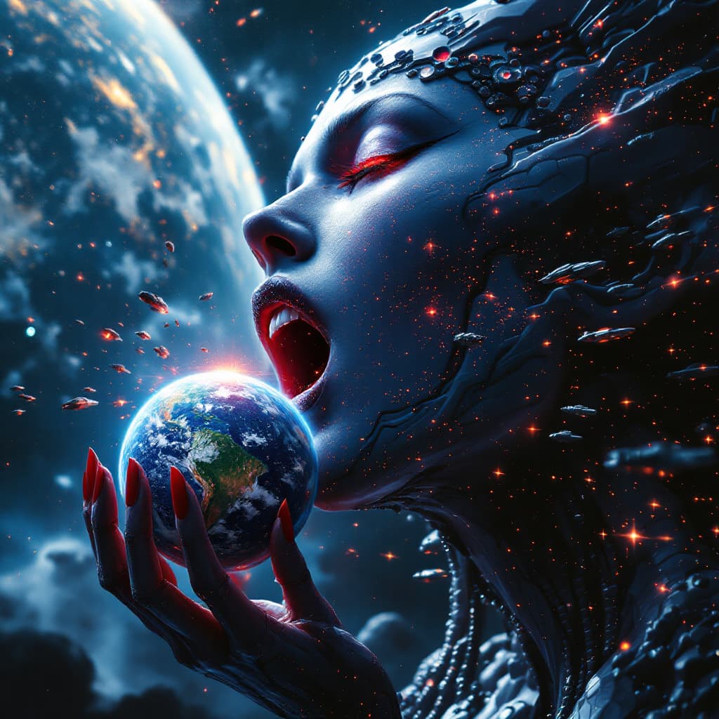 AI generated: enormous giantess female V from Cyberpunk 2077
bigger than a galaxy  floating in space, minuscule ga...