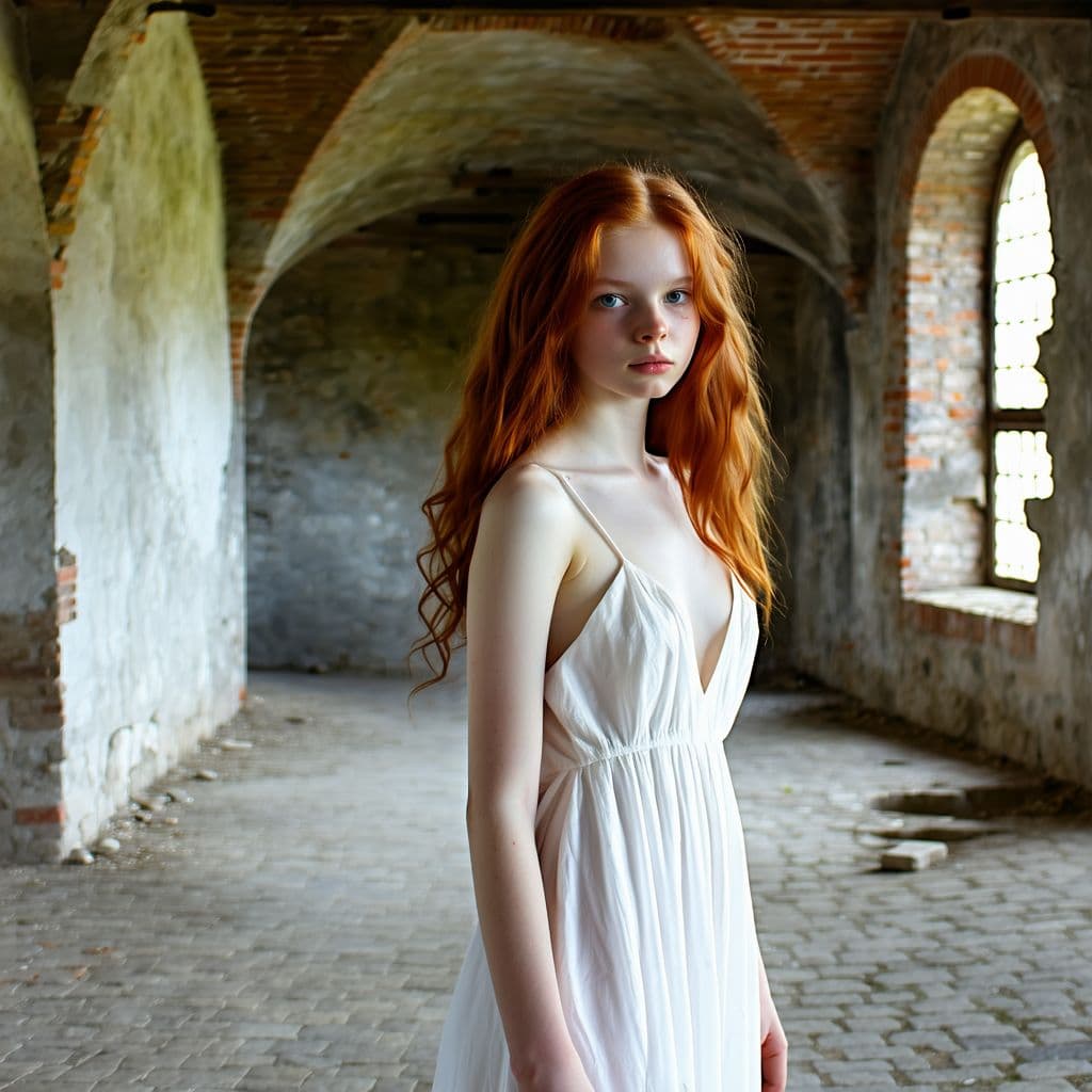 AI generated: Today we feature a young ladie with red hair wearing their Delikatessen Little white Dress - unsurpr...
