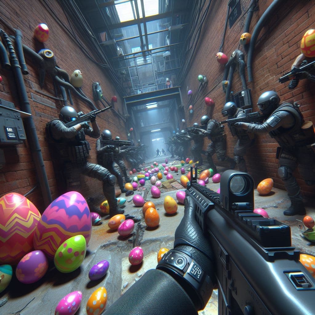 AI generated: Easter egg hunt as a egoshooter game, POV gameplay screenshot