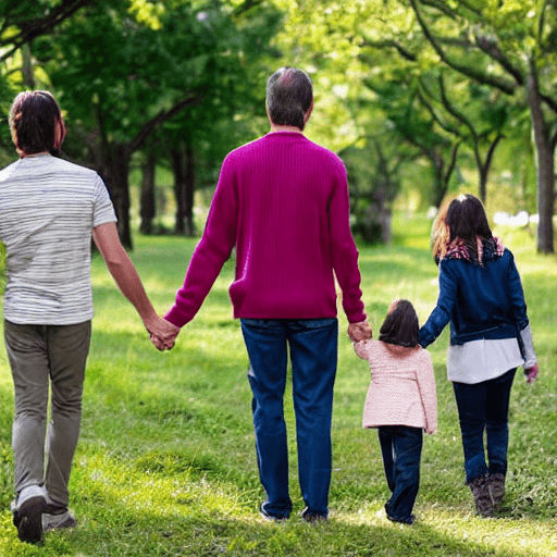 AI generated: father holding hands with his male son and female daughter walking through time and watching them gr...