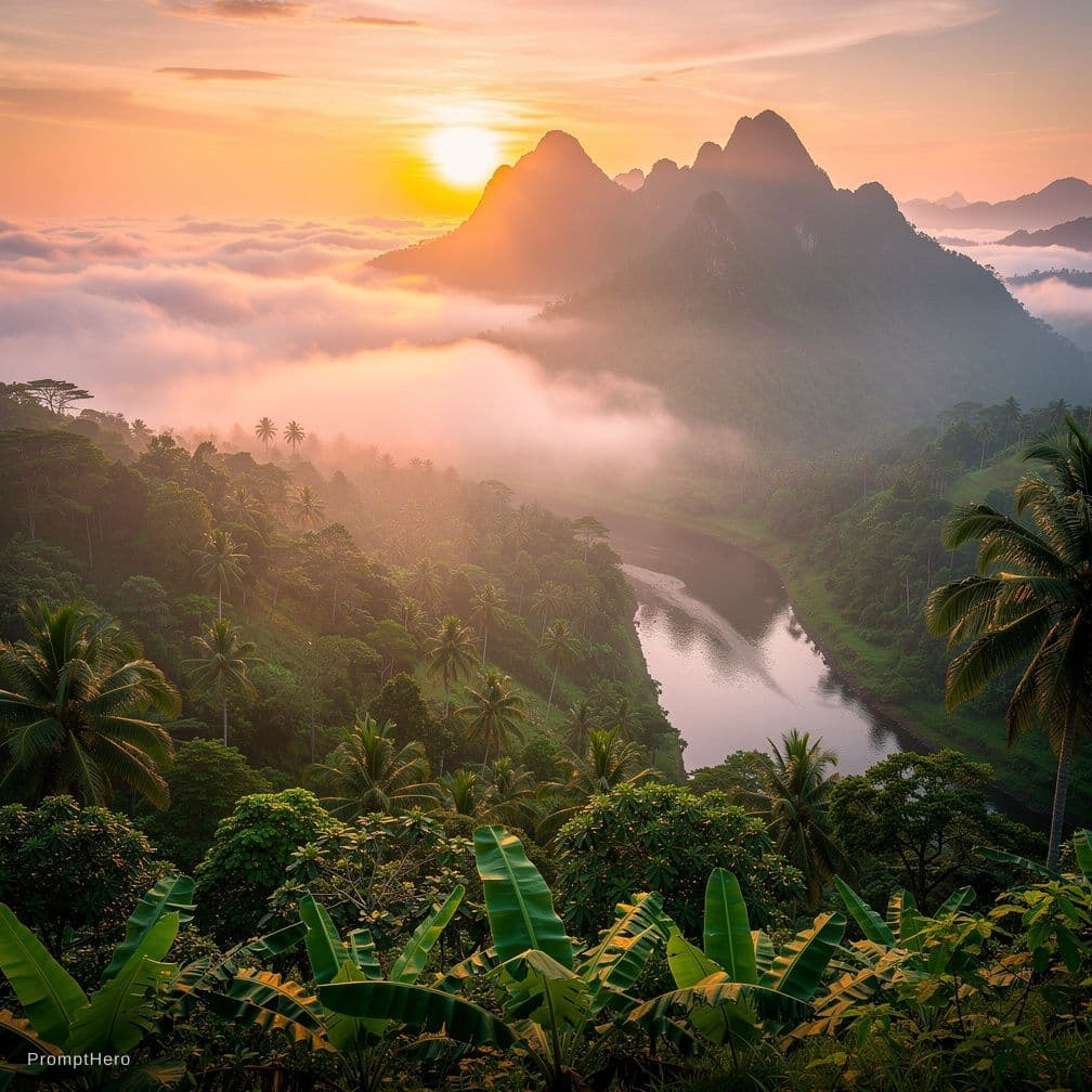 AI generated: a beautiful sunrise in mountain in tropical area

