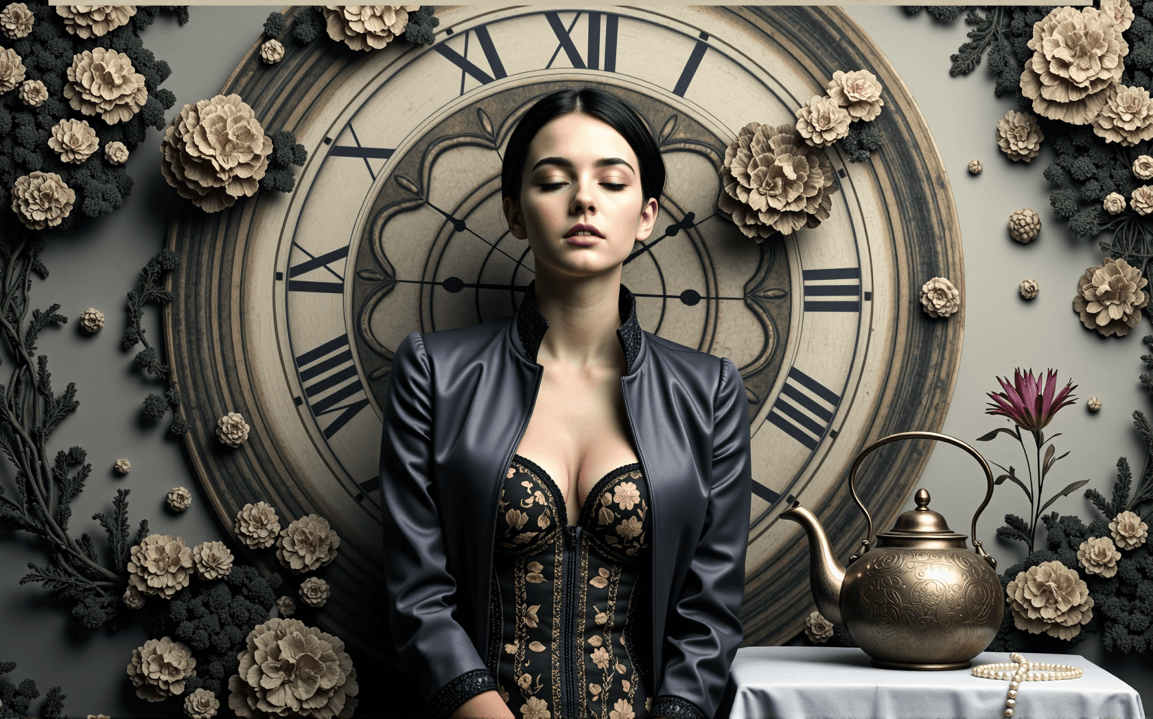 AI generated: A high-detail, maximalist digital collage in a Neo-Surrealist style. At the center is a serene young...