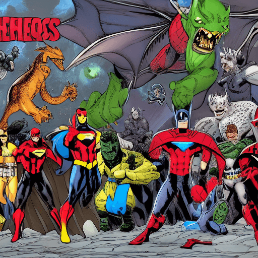 AI generated: High Resolution photo of Heros from Marvel and DC comics are having a party with dragons and alliens...