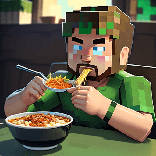 AI generated: steve from minecraft eating a tradiotional pozole from mexico