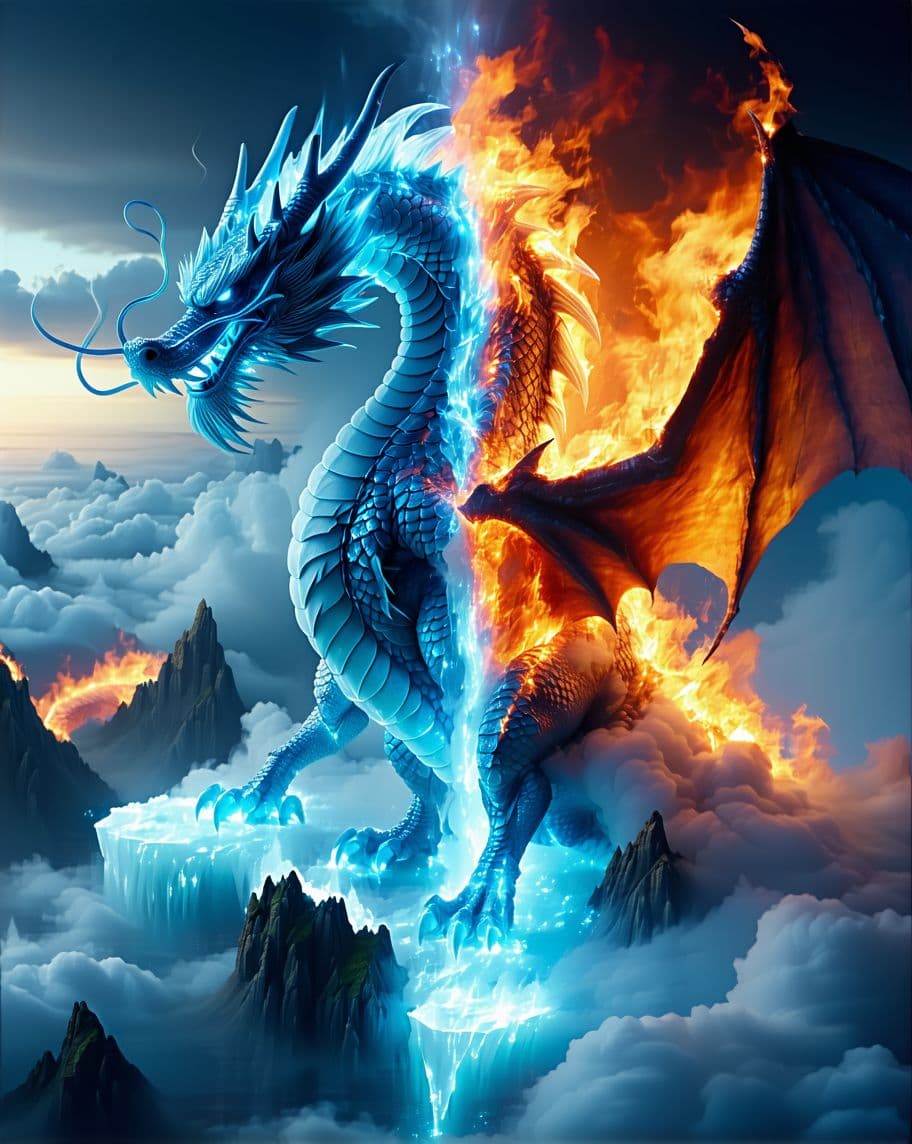 AI generated: "A powerful mythical dragon with one side engulfed in blazing fire and the other frozen in shimmerin...