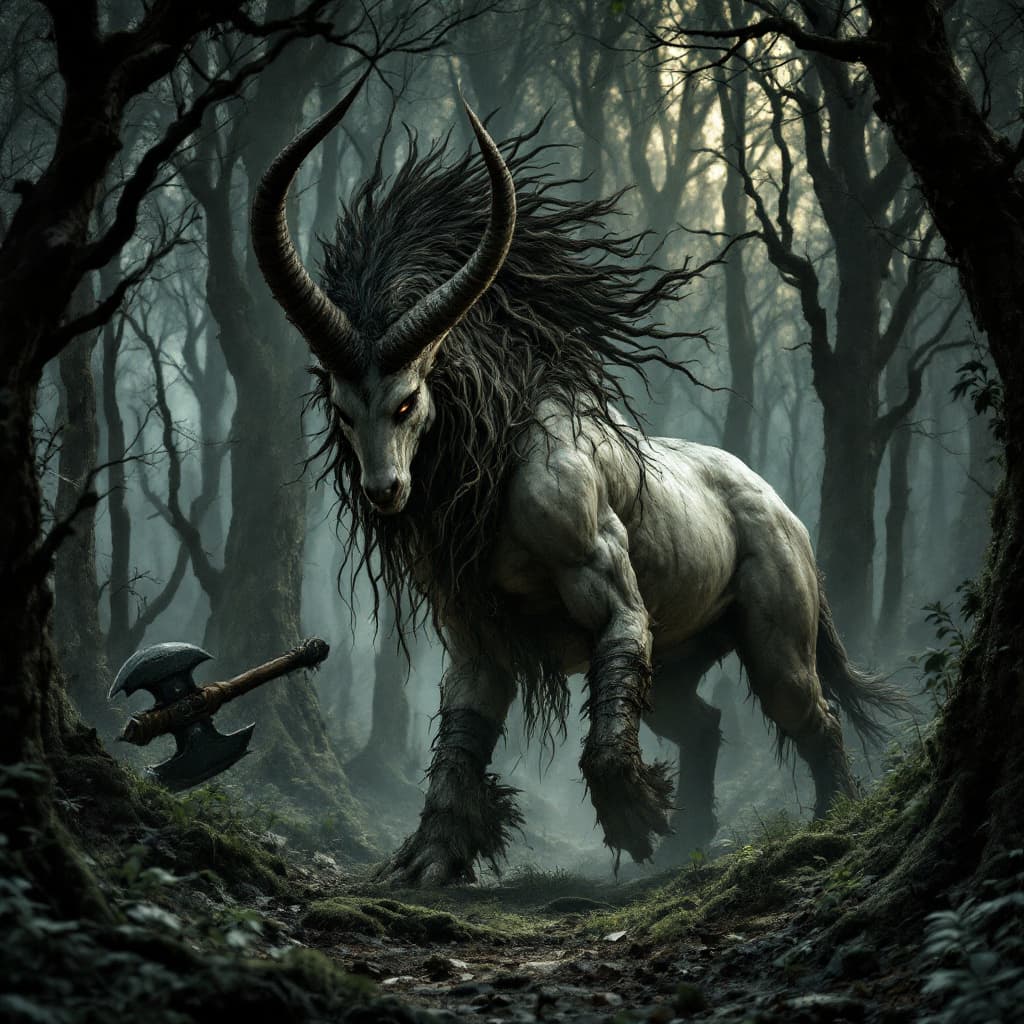 AI generated: High resolution photography, outside in a spooky woods, large female centaur without horns, big mamm...
