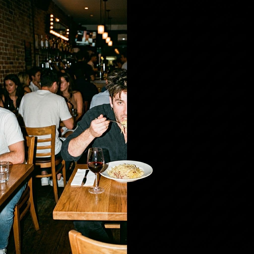 AI generated: restaurant interior with tables and chairs, photographed with harsh direct flash, urban nightlife re...