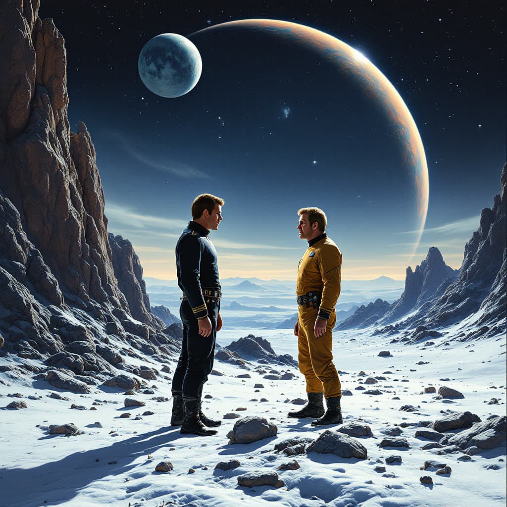 AI generated: Commander James T kirk (william shatner) of Enterprise speak to commander John Koenig (Martin Landau...