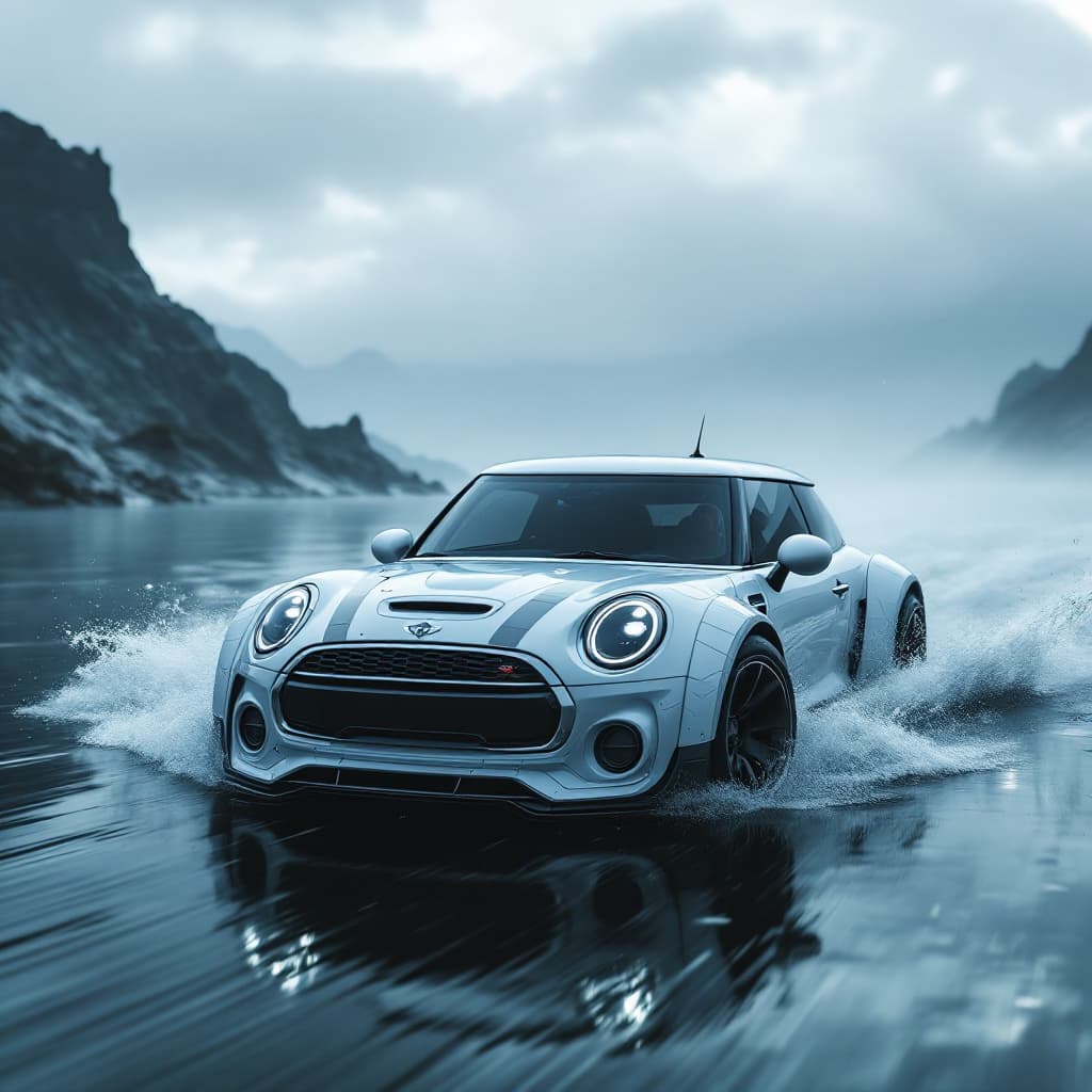 AI generated: a white MINI Cooper S ,car driving through water, in the style of futuristic spacecraft design, eeri...